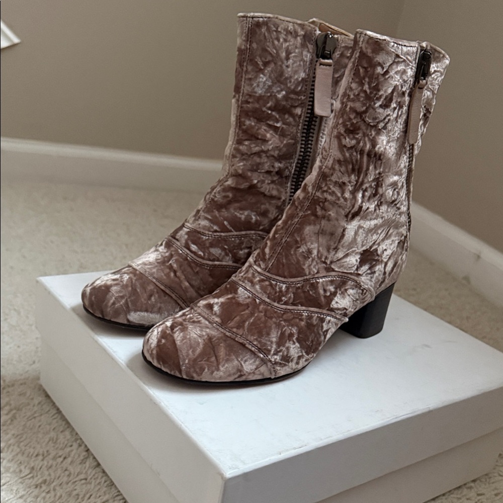 Chloe Velvet Ankle Boots in Tan/Rose Color
